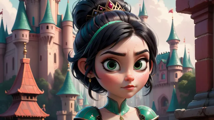 highly detailed photo of princess Vanellope <lora:princess_xl_v2:0.5>, disney style, beautiful face, castle in background, cleavage, looking at viewer, highkey lighting, braids, realistic, serov, surikov, vasnetsov, repin, kramskoi, paint texture, low aper...