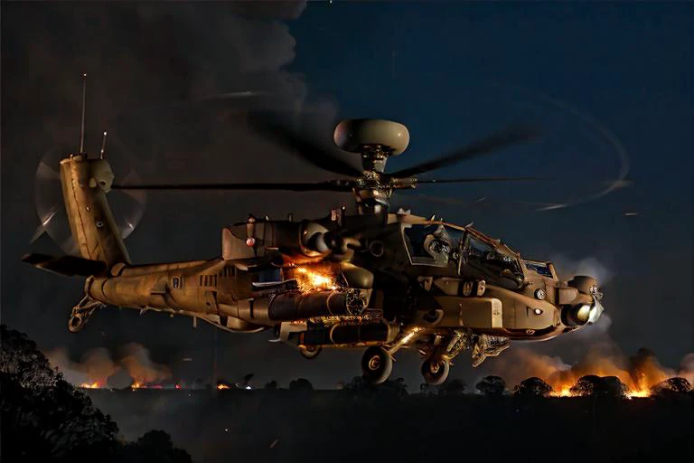 analog gloomy aerial photo of an (Apache helicopter, <lora:ap4ch3:1>), ((nighttime)), (flying over Vietnam jungle (on fire) at night), (explosions on the ground), barricades, (tracer gunfire), High Detail, Sharp focus, (photorealism), realistic, best quali...