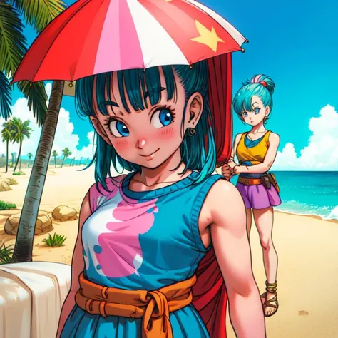 (dragon ball z, dragon ball, , hyper realism, real life like,)    ( cloudy blue sky, beach , sand, palm trees )   (Bulma ,1girl ,  (blue long hair, bangs), (blue eyes), ( pink dress, belt on stomach )  , small diamond earrings )   <lora:add_detail:0> (wate...