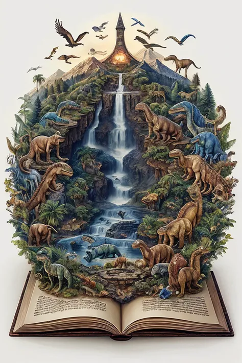 an open book with a waterfall and dinosaurs in it