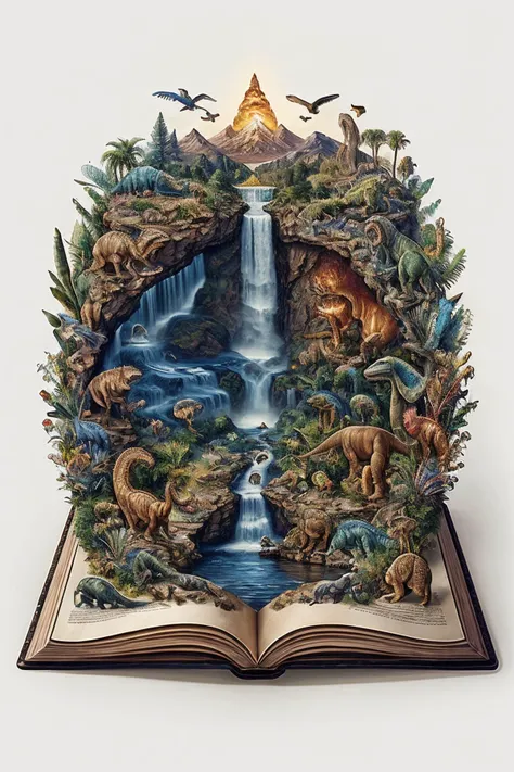 an open book with a waterfall and animals inside of it