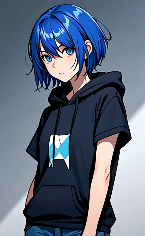 1girl, short hair, blue hair, blue eyes, black hoodie, short sleeves