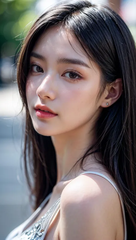 a close up of a woman with long hair and a white top