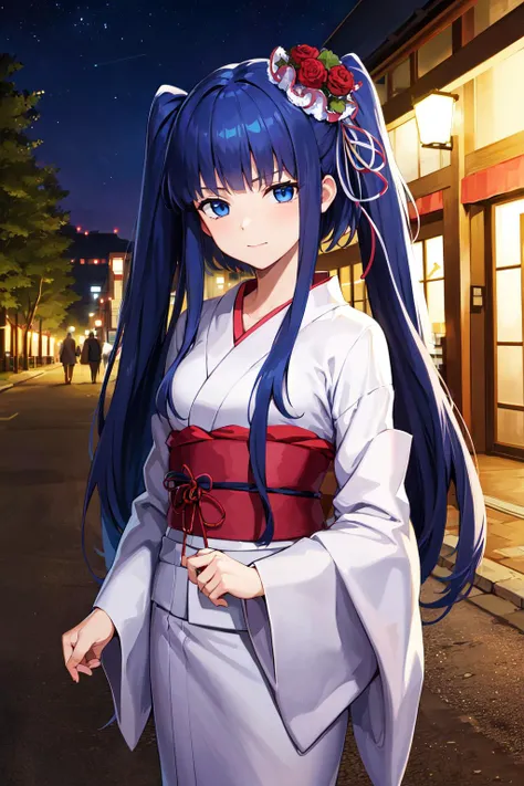 masterpiece, best quality, highres, aaerika, long hair, twintails, hair ornament, <lora:furudo_erika_v1:0.7>, kimono, yukata, obi, night, street,