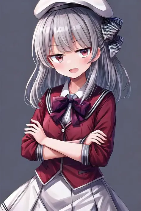 anime girl with white hair and a red jacket and white skirt