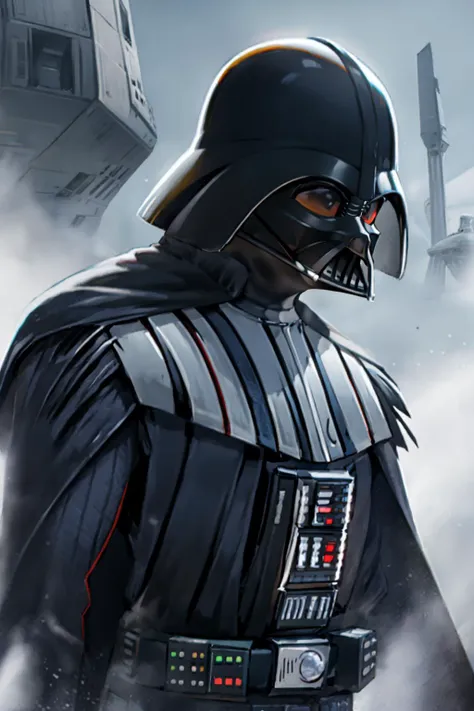 darth vader in a star wars suit standing in front of a spaceship