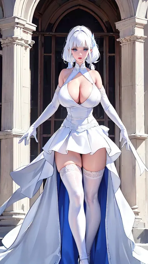 (8k), sharp focus, highres, 1girl, full body, arisdef, ((Gigantic Breasts:1.2)), (bangs, (lachrymal mole), bare_shoulders, white_gloves, white_hair, <lora:Guanghui:0.8>, blue_eyes, wedding dress, elbow_gloves, low twintails, hair_ornament,) outdoor, (high ...