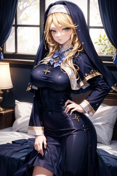 masterpiece,best quality,highly detailed,
<lora:add_detail:0.8>,1girl,large breasts,long hair,
indoors,bedroom,pillow,lamp,curtains,window,<lora:Power_Mix:0.3>,<lora:EngageKiss-SharonHolygrail:0.85>,1girl sharon holygrail,nun capelet blue dress long sleeve...