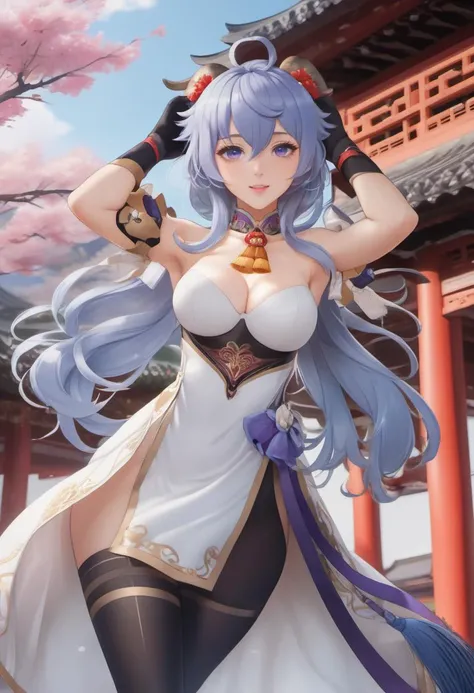 ((masterpiece, erotic)), (arms up:1.5), armpits, genshin-ganyu, ganyu (genshin impact),  1girl, ahoge, strapless, architecture, bangs, bare shoulders, bell, black gloves, black pantyhose, ((blue hair)), blush, breasts, chinese knot, detached sleeves, east ...