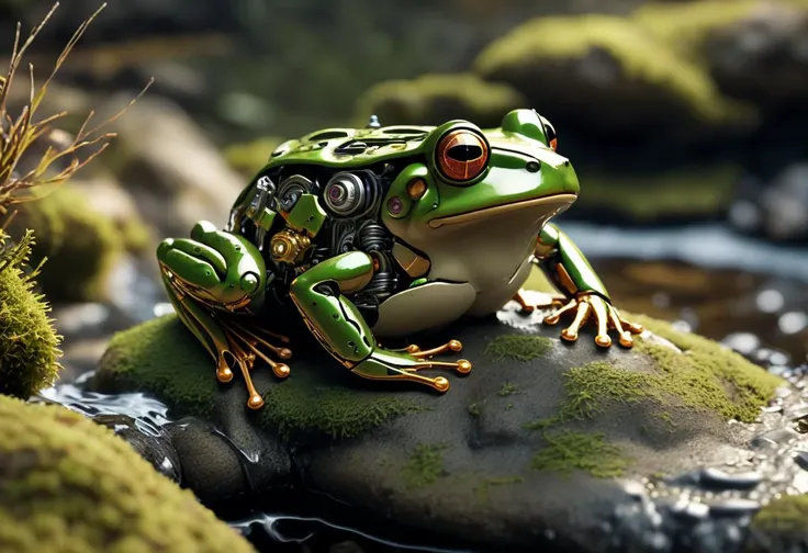 a cyborg frog, small, tiny, sitting on partially moss covered rock, on the edge of a small stream, exposed brain, cyborg style, android,  cables, wires, servos, highres, masterpiece, <lora:wowifierXL:1>, art by mooncryptowow, <lora:cyborg_style_xl:1>, cabl...