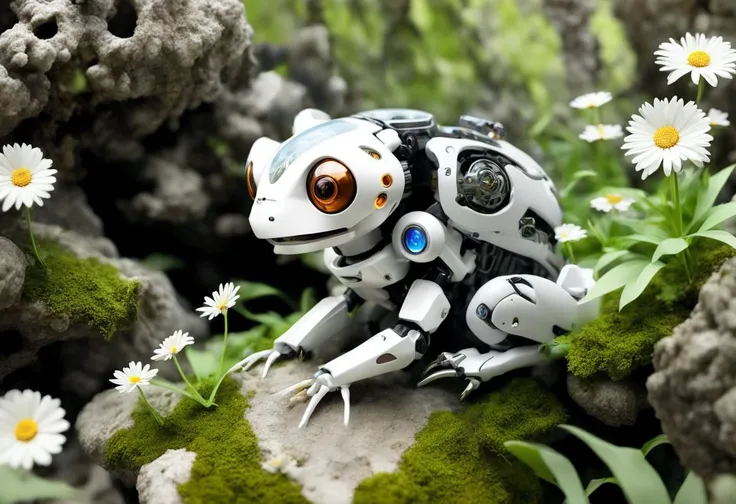 a cyborg frog, small, tiny, sitting on partially moss covered rock, white daisies, on the edge of a small stream, exposed brain, cyborg style, android,  cables, wires, servos, highres, masterpiece,   cables, wires, servos, highres, masterpiece, 8k, 4k, (re...