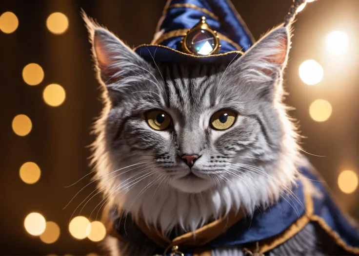 a cat, ((wizard outfit)), epic scene, dynamic camera, backlight, (close up:1.2), high quality photography, 3 point lighting, flash with softbox, 4k, Canon EOS R3, hdr, smooth, sharp focus, high resolution, award winning photo, 80mm, f2.8, bokeh, detailed, ...