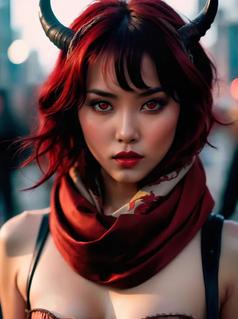 photograph, Neo-Tokyo nude_young_female_demon, red skin tone, dark eyesLight hair styled as Wavy, Horns, Scarf, Lonely, hell, fire, Decopunk, film grain, Phase One XF IQ4 150MP, 35mm, art by Bojan Jevtic