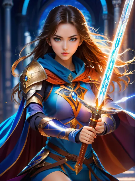 anime artwork (Film Photography:1.3), young_mage_woman, beautiful eyes, battle mage, sword, cape, glowing runes, masterpiece, best quality . anime style, key visual, vibrant, studio anime, highly detailed