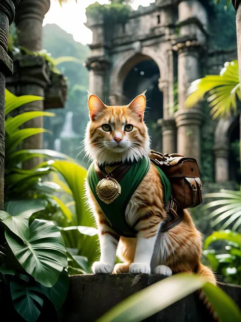 cinematic photo a cat, (adventurer outfit), lush_jungle, epic ruins, amazing details, amazing quality, masterpiece, . 35mm photograph, film, bokeh, professional, 4k, highly detailed