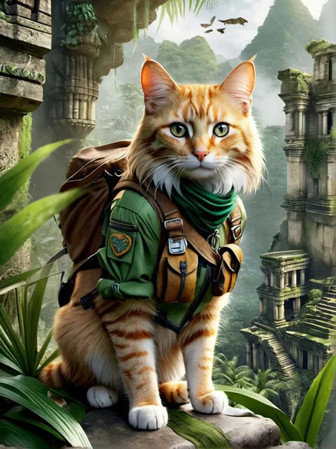 Hyperrealistic art a cat, (adventurer outfit), lush_jungle, epic ruins, amazing details, amazing quality, masterpiece, . Extremely high-resolution details, photographic, realism pushed to extreme, fine texture, incredibly lifelike