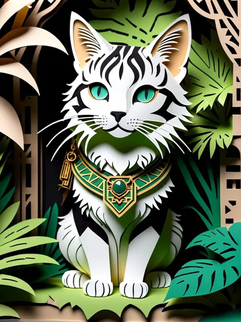 Thick layered papercut art of a cat, (adventurer outfit), lush_jungle, epic ruins, amazing details, amazing quality, masterpiece, . Deep 3D, volumetric, dimensional, depth, thick paper, high stack, heavy texture, tangible layers