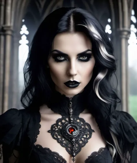 a woman with black makeup and a gothic necklace