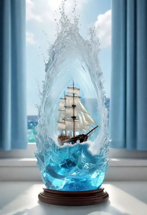 small ship in an open bottle, strong ocean waves, storm, water spray, wind, extreme detail, 3d view, breaking glass, backlight ,viginette, 4k wallpaper, window ledge, curtains, smash, splashes