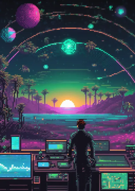 (( screenshot from a game of 90s , Cryptocurrency exchange, traders surrounded by floating holographic charts, riding the waves of digital fortunes. , pixel art, 1996 gameplay )), in Neon-infused a photo Nature of a Nanotech construction Galactic horizon ,...