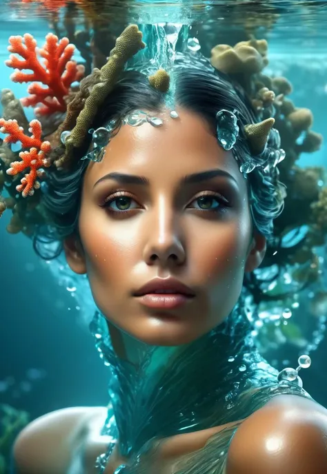 isometric style 1 water monster woman,  corals and moles grow on neck and face, sci-fi, creepy mood, Macro Lenses, Double exposure, montage photography, lsometric anime, 2K, HDR, Translucent body, (masterpiece,best quality:1.5), ultra realistic,32k,RAW pho...