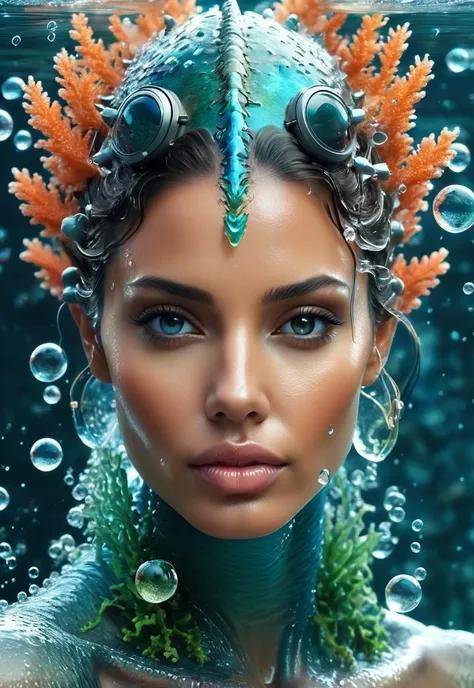 isometric style character 3D, 1 water monster woman,agelina jolie,  thousand corals and moles grow on neck and face, sci-fi, creepy mood, Macro Lenses, Double exposure, montage photography, lsometric anime, 2K, HDR, Translucent body, (masterpiece,best qual...