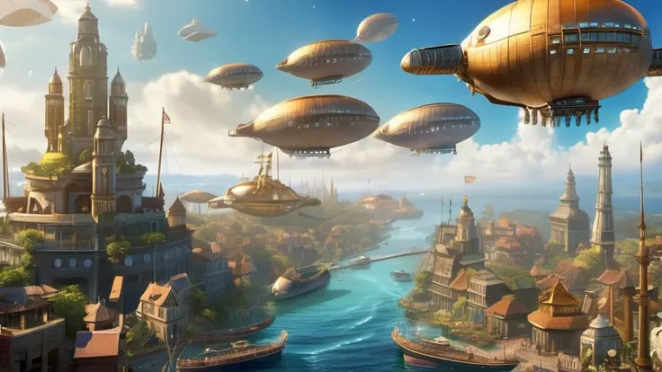 City;s floating in the air in bubbles, Fantasy world, Airships Battleships, Bright Fantasy Atmosphere, UHD, 8k, 16k, Fijifilm, insane detail,