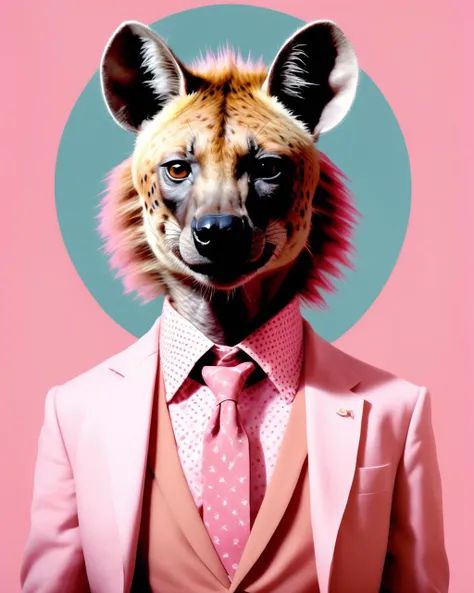 a painting of a hyena dressed in a suit and tie with polka dots on its shirt and collar, with a pink background , photoshop contest winner, Sentient generative art installations in the style of Jenny Sabin, immersive, textile-driven, AIs architectural text...