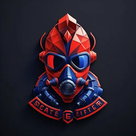 a red and blue logo with a gas mask on it