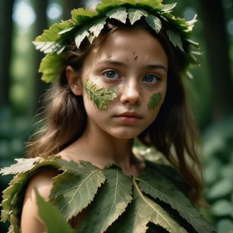 photo of a girl with a leaf dress, RAW candid cinema, 16mm, color graded portra 400 film, remarkable color, ultra realistic, textured skin, remarkable detailed pupils, realistic dull skin noise, visible skin detail, skin fuzz, dry skin, shot with cinematic...