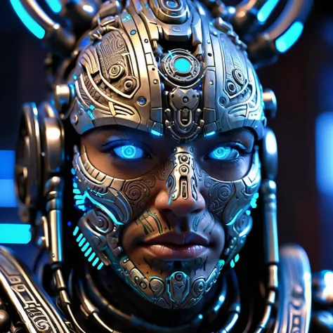 A close-up view of a cyberpunk tribal warriors cybernetic face, with intricate tribal patterns etched into the metal. Neon lights reflect off their visor as they prepare for battle. Captured in a hyper-detailed, futuristic art style with a macro lens, high...