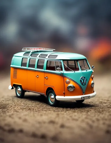 tilt-shift photo of An enchanting image displays a meticulously crafted miniature VW microbus. With vibrant colors, this tiny vehicle mirrors the iconic design of its larger counterpart, capturing every fine detail flawlessly. Its sleek curves and trademar...