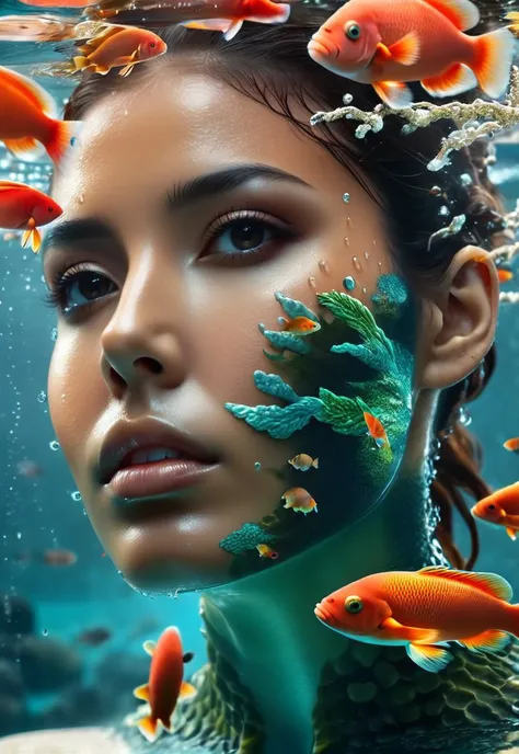 isometric style 1 water monster woman,  corals and moles grow on neck and face, sci-fi, creepy mood, Macro Lenses, Double exposure, montage photography, lsometric anime, 2K, HDR, Translucent body, (masterpiece,best quality:1.5), ultra realistic,32k,RAW pho...