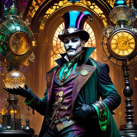 "A Jester of Darkness, an enigmatic figure, finds themselves within the magnificent Crystal Palace, all brought to life in the whimsical Steampunk style reminiscent of Pendleton Ward. The scene exudes Radiant charm while maintaining a Dramatic undertone. I...