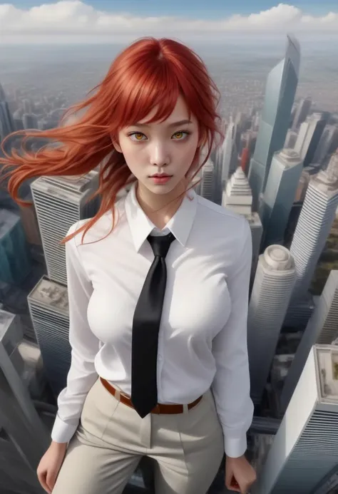 <lora:makima_loraxl:0.7>, ((best quality)), ((masterpiece)), (detailed), ((1girl, makima, adult, windy, standing on top of a skyscraper, floating hair, red hair)), standing, white shirt, black tie, ringed eyes