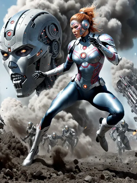 comic an action shot of british female cyborg with machine body parts and human face, she is wearing upper armor and leggings, she is posing in zdyna_pose. she is surrounded by a grey chalk dust cloud, in the war field, (motion blur:1.331), science fiction...