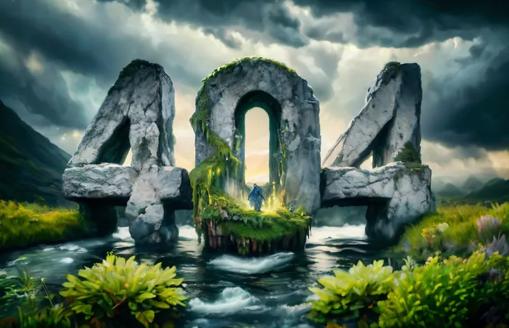 breathtaking futuristic water world, trees, mountains, stormy sky, text: "404" broken stone, overgrown with weeds, a stream flowing through and a stormy sky background, photo, poster, 3d render, typography, cinematic, painting, illustration, dark fantasy, ...