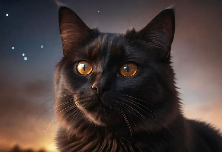 Surprised beautiful fluffy black cat looks at a  sky, 
large beautiful (((brown eyes)))+++, 
surprised face, 
detail of eyes and face, 
night, 
mysterious atmosphere, 
harmony of light and shadows, 
cinematic lighting, 
detail, 
realism, 
ultra-high resolu...