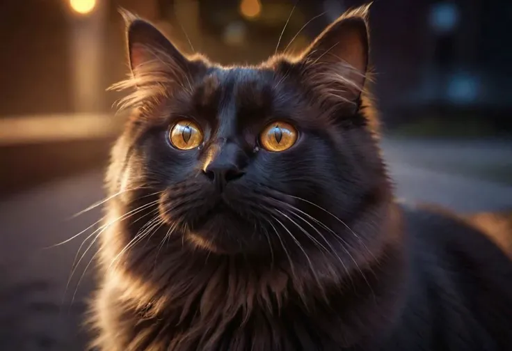 Surprised beautiful fluffy black cat looks at a  sky, 
large beautiful (((brown eyes)))+++, 
surprised face, 
detail of eyes and face, 
night, 
mysterious atmosphere, 
harmony of light and shadows, 
cinematic lighting, 
detail, 
realism, 
ultra-high resolu...