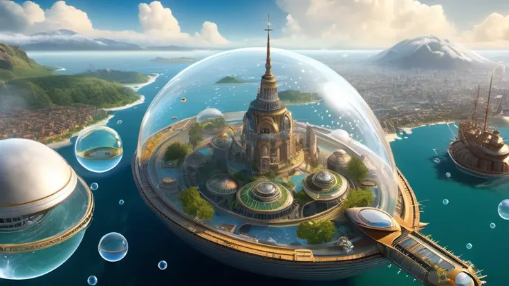 City;s floating in the air in bubbles, Fantasy world, Airships Battleships, Bright Fantasy Atmosphere, UHD, 8k, 16k, Fijifilm, insane detail,