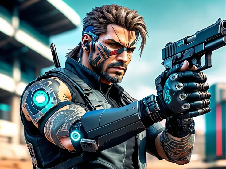 UHD, 4k, ultra detailed, cinematic, a photograph of realistic cyberpunk style photo of Solid Snake (Metal Gear Solid) as a assassin is holding hand gun with face tattoos, ready to fire the gun, at day time, outdoor, BREAK
assassin is wearing a neon tech ar...