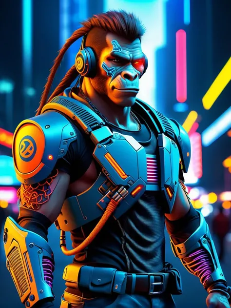 cyberpunk cityscape, realistic photo of Donkey Kong (Donkey Kong) as a street kid is holding hand gun with face tattoos, ready to fire the gun, at day time, outdoor, BREAK
street kid is wearing a neon tech armor, wires and cables are connected to the netru...