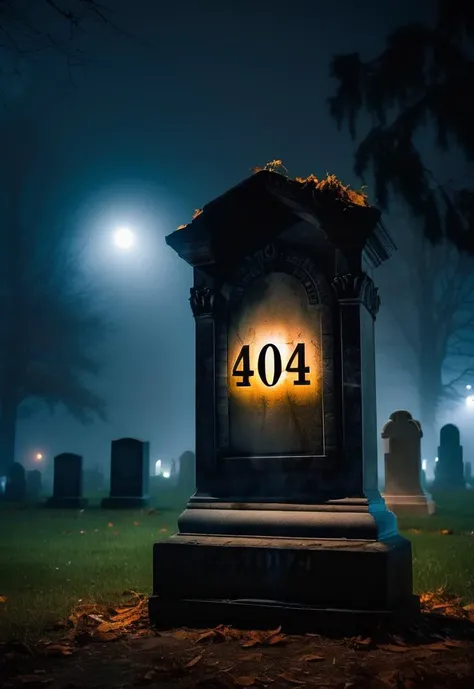 photo of a monumental gravestone with capital glowing letters "RIP 404", background of a Creepy cemetery at night and foggy, spotlight