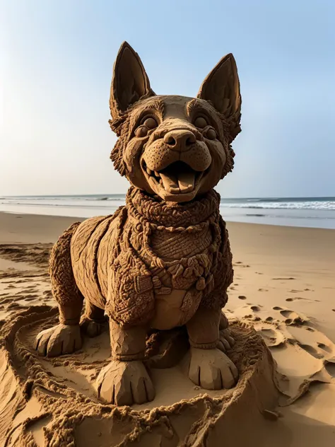 master piece,high quality,an dog made of sand,on the beach,<lora:J_shadiaoçå®æ²é:0.9>,