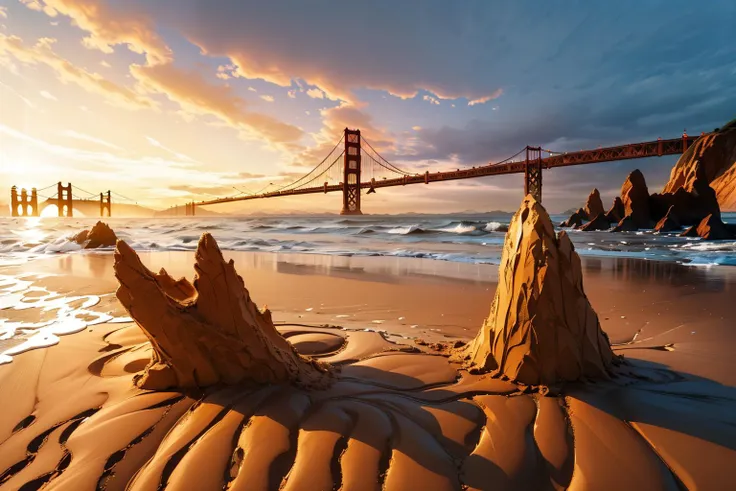 arafed sand castle on the beach with a bridge in the background