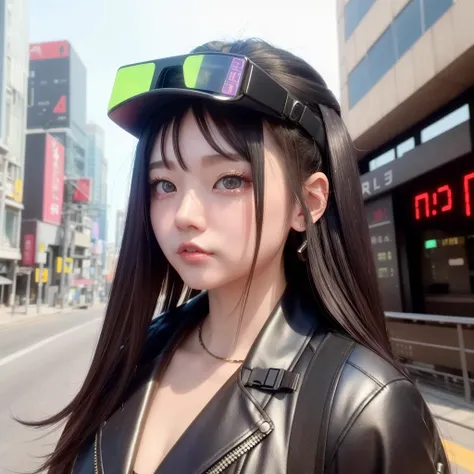 1girl, 24 years old, cyberpunk, at a street, visor, black hair, long hair, (upper body), (masterpiece), <lora:KBeau_v1.5:0.66>