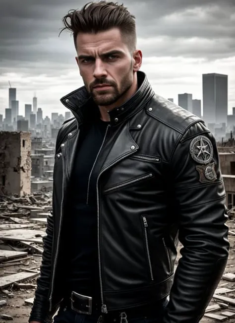 ultra realistic photograph, RAW professional photograph,  1boy, portrait of a tough guy, wearing a biker jacket, look at the viewer, intricate, elegant, highly detailed, arrogant, post apocalypses city ruins background, highly detailed, 8k