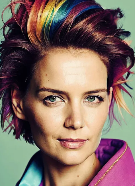 portrait of sks woman by Flora Borsi, style by Flora Borsi, bold, bright colours, rainbow Mohawk haircut, ((Flora Borsi)), <lora:locon_katieholmes_v1_from_v1_64_32:1.25>