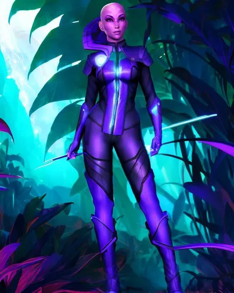 a woman in a purple suit standing in a jungle