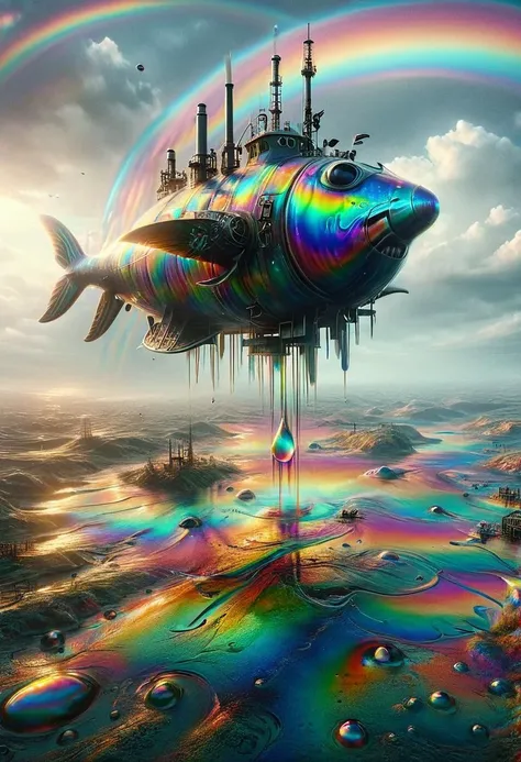 airship fish flies over oil fields, bubbles, reflections, drops, fluidity, cyberpunk, landscape, rainbow, sunlight, (crowded:1.5), 8k, ultra detailed,  ral-oilspill, <lora:ral-oilspill:1>   <lora:ral-mythcr:1>